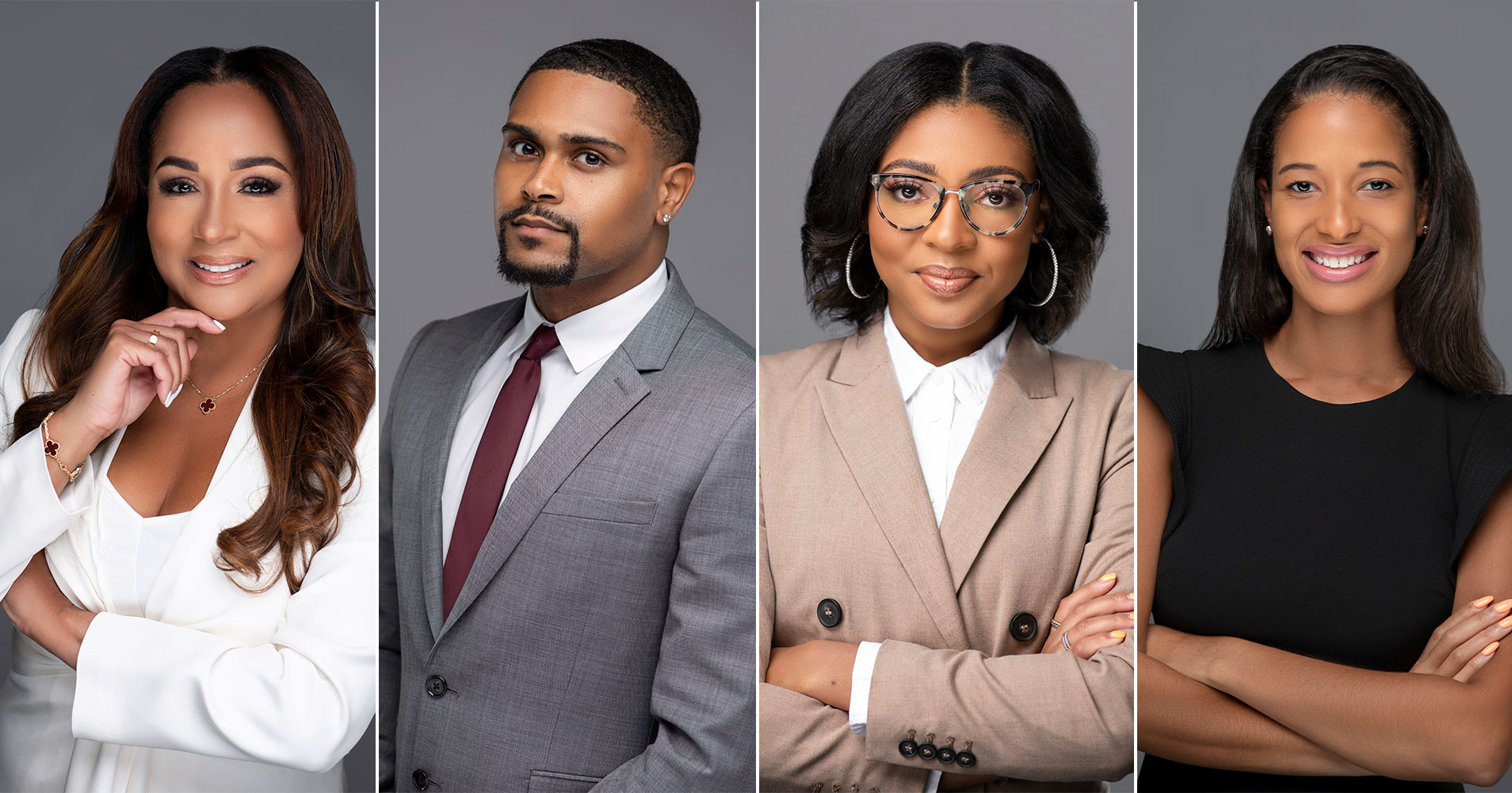 Black professional women and men in headshot posing on gray backdrop